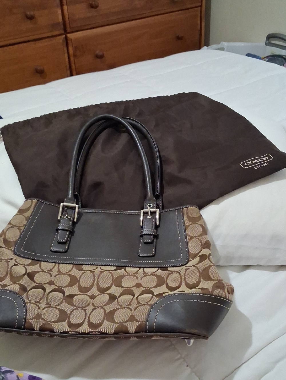 Coach Brown Signature Canvas Tote with Dark Brown Leather Trim